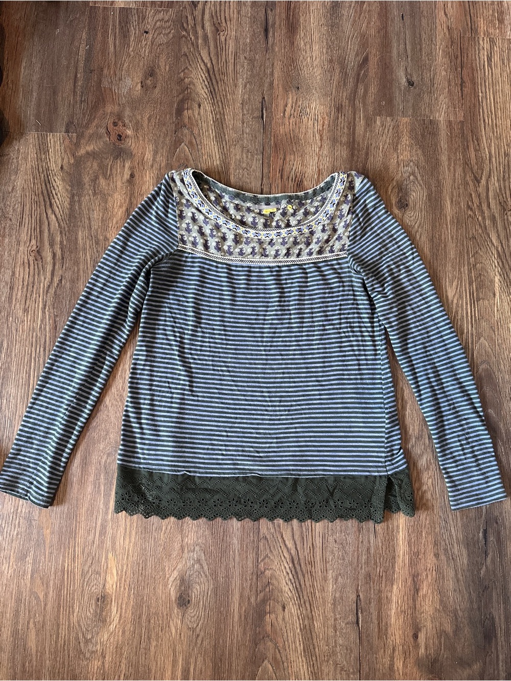 Anthropologie Striped Embroidered Yoke Long-Sleeve Top - Blue, Gray, Olive